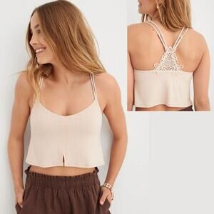 Aerie Women's Ribbed Applique Lace Longline Bralette Sandalwood Size Medium